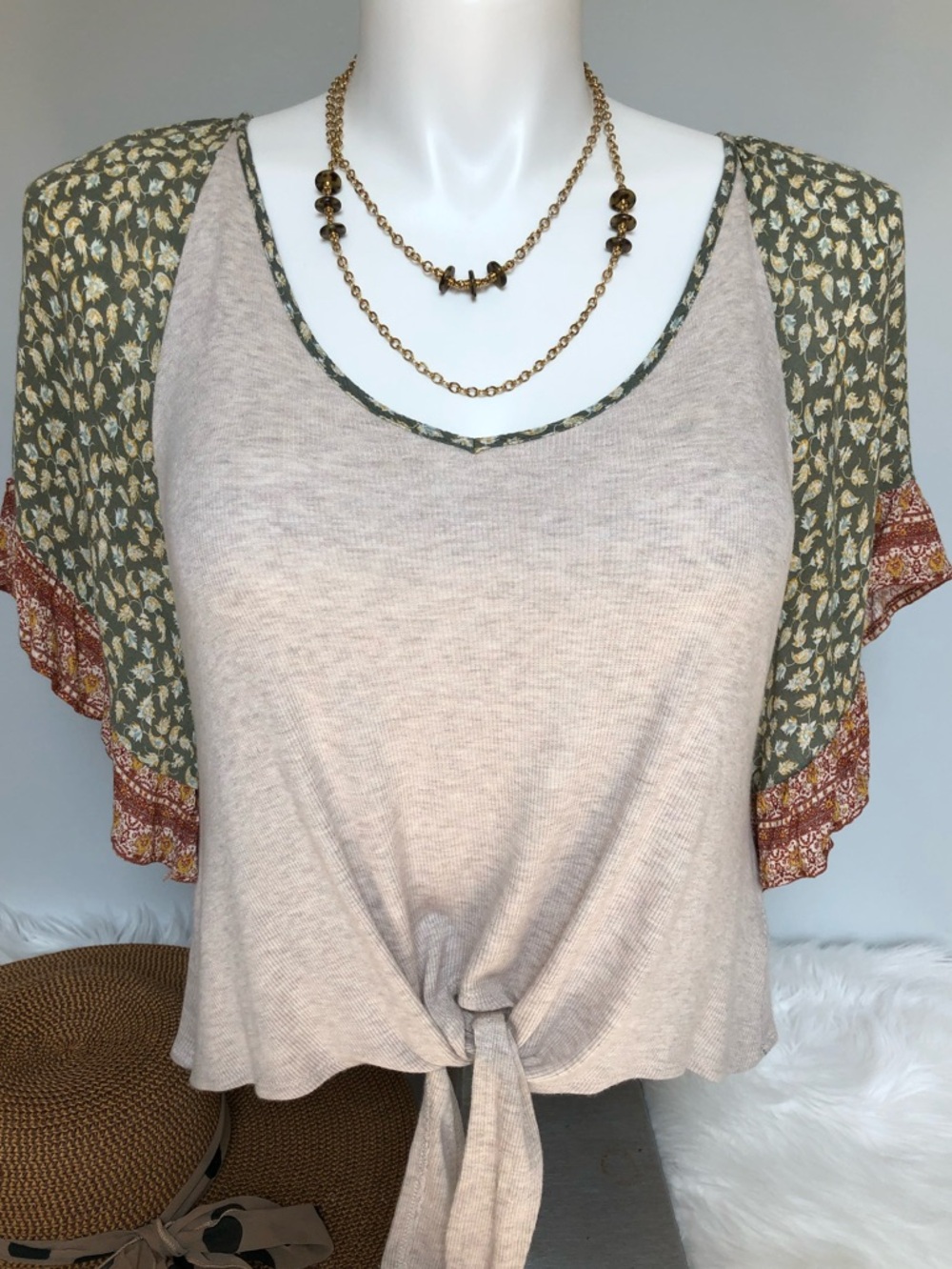 Altar’d State Boho Tie Top AND Vintage Gold Tortoise Bead Necklace